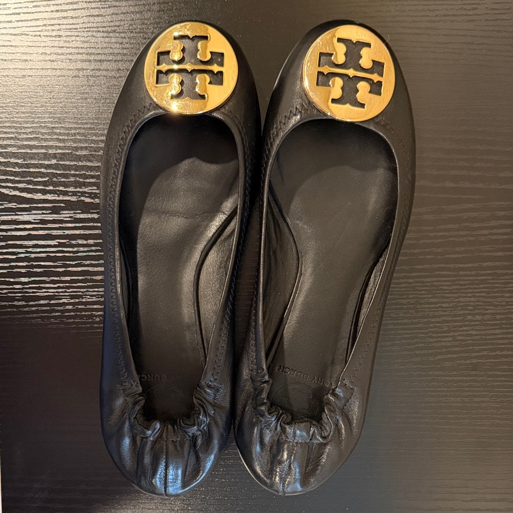Tory Burch Black Leather Logo Ballet Flats with Gold Medallion